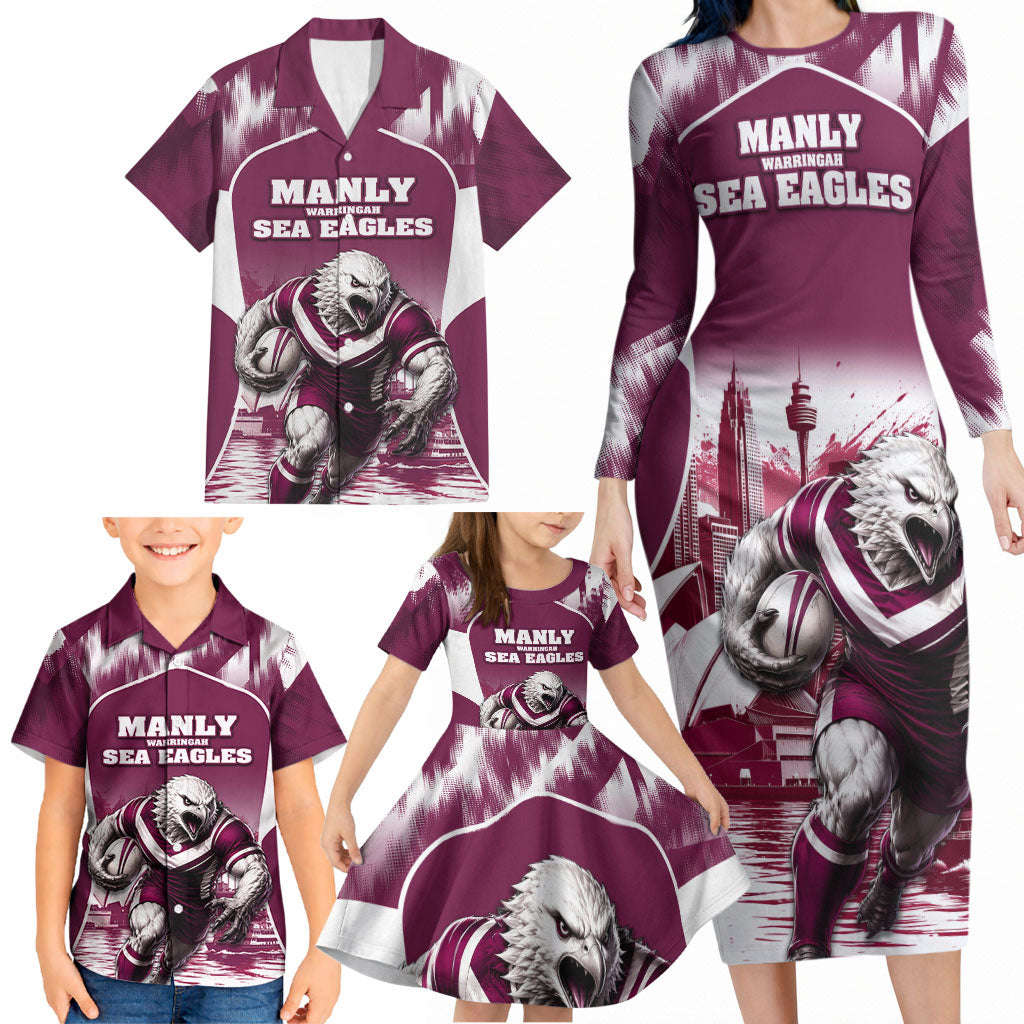 Personalised Sea Eagles Rugby Family Matching Long Sleeve Bodycon Dress and Hawaiian Shirt Eagle Mascot Sydney Skyline 3D Graphic