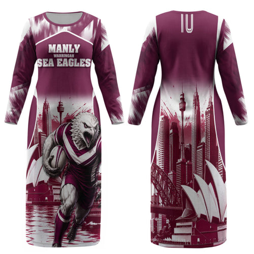 Personalised Sea Eagles Rugby Family Matching Long Sleeve Bodycon Dress and Hawaiian Shirt Eagle Mascot Sydney Skyline 3D Graphic