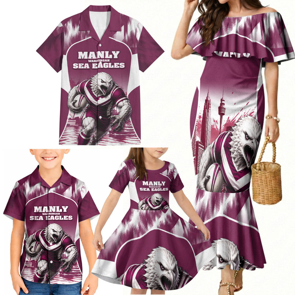 Personalised Sea Eagles Rugby Family Matching Mermaid Dress and Hawaiian Shirt Eagle Mascot Sydney Skyline 3D Graphic