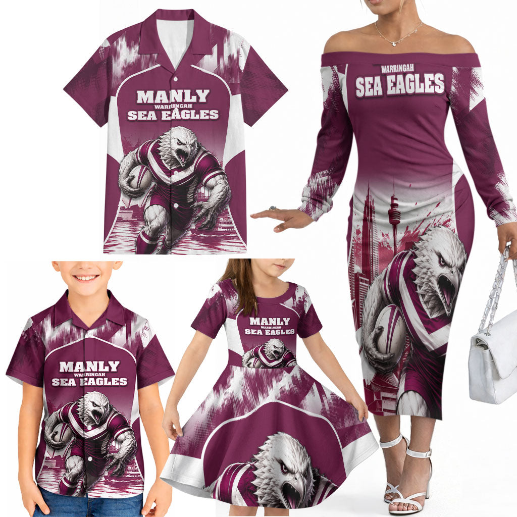 Personalised Sea Eagles Rugby Family Matching Off The Shoulder Long Sleeve Dress and Hawaiian Shirt Eagle Mascot Sydney Skyline 3D Graphic