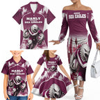 Personalised Sea Eagles Rugby Family Matching Off The Shoulder Long Sleeve Dress and Hawaiian Shirt Eagle Mascot Sydney Skyline 3D Graphic