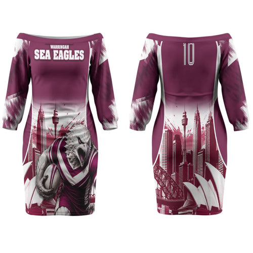Personalised Sea Eagles Rugby Family Matching Off The Shoulder Long Sleeve Dress and Hawaiian Shirt Eagle Mascot Sydney Skyline 3D Graphic