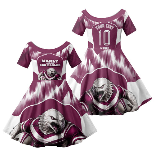 Personalised Sea Eagles Rugby Family Matching Off The Shoulder Long Sleeve Dress and Hawaiian Shirt Eagle Mascot Sydney Skyline 3D Graphic