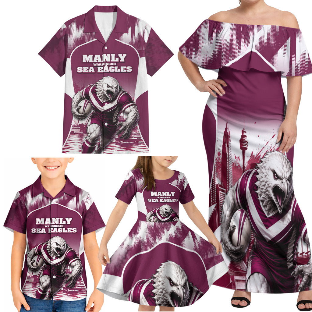 Personalised Sea Eagles Rugby Family Matching Off Shoulder Maxi Dress and Hawaiian Shirt Eagle Mascot Sydney Skyline 3D Graphic