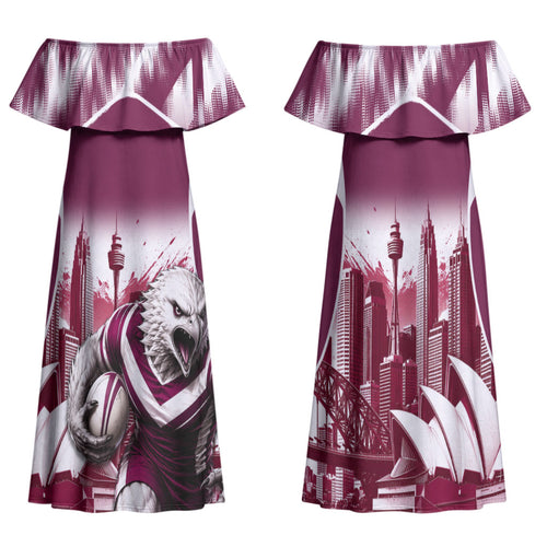 Personalised Sea Eagles Rugby Family Matching Off Shoulder Maxi Dress and Hawaiian Shirt Eagle Mascot Sydney Skyline 3D Graphic