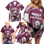 Personalised Sea Eagles Rugby Family Matching Off Shoulder Short Dress and Hawaiian Shirt Eagle Mascot Sydney Skyline 3D Graphic