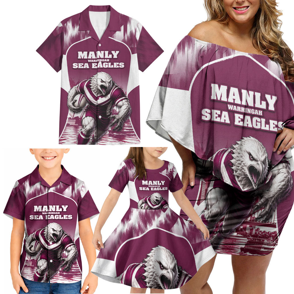 Personalised Sea Eagles Rugby Family Matching Off Shoulder Short Dress and Hawaiian Shirt Eagle Mascot Sydney Skyline 3D Graphic