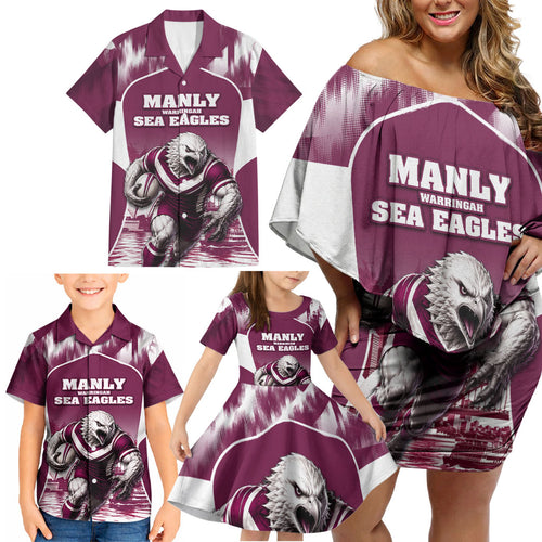 Personalised Sea Eagles Rugby Family Matching Off Shoulder Short Dress and Hawaiian Shirt Eagle Mascot Sydney Skyline 3D Graphic