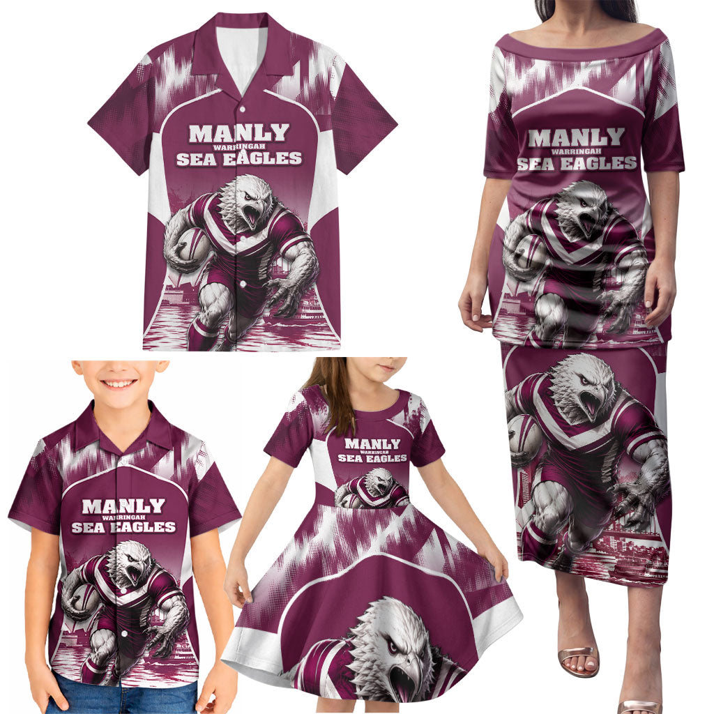 Personalised Sea Eagles Rugby Family Matching Puletasi and Hawaiian Shirt Eagle Mascot Sydney Skyline 3D Graphic