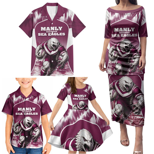 Personalised Sea Eagles Rugby Family Matching Puletasi and Hawaiian Shirt Eagle Mascot Sydney Skyline 3D Graphic