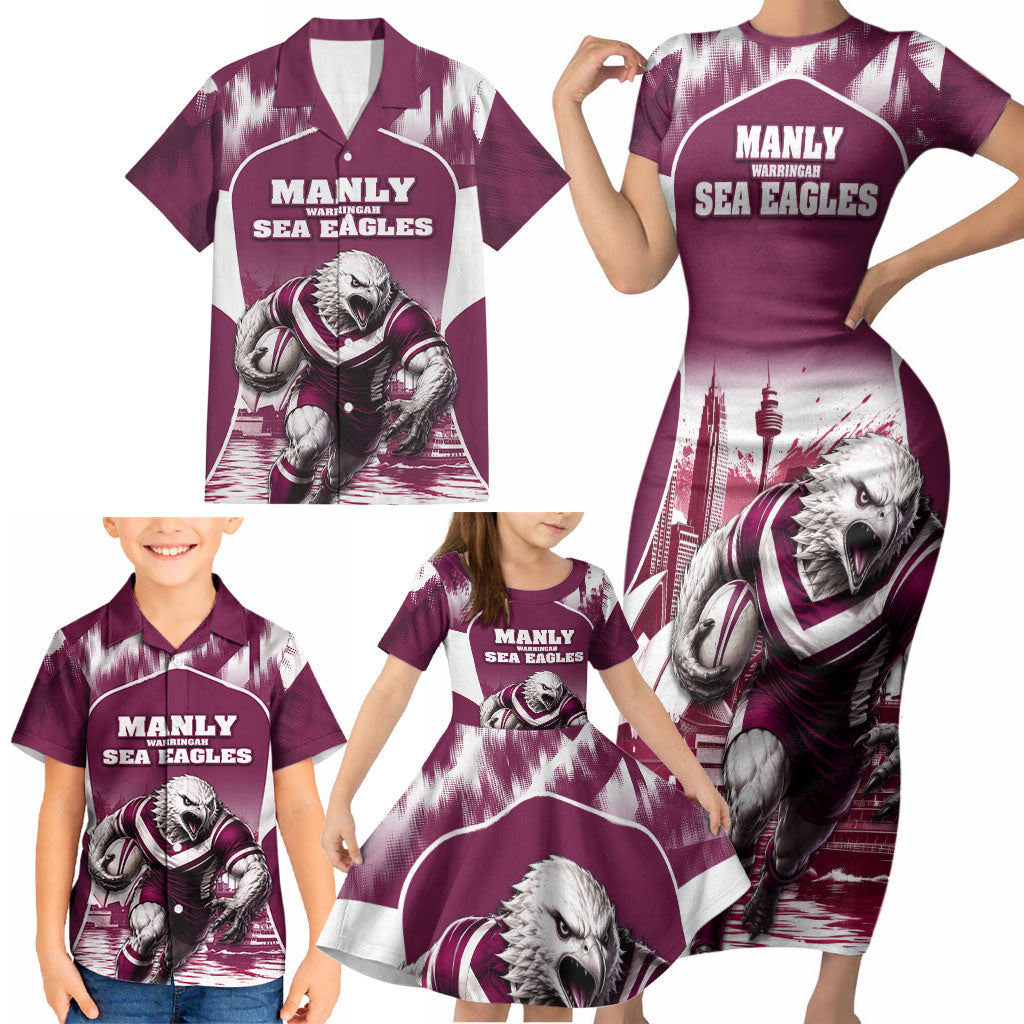 Personalised Sea Eagles Rugby Family Matching Short Sleeve Bodycon Dress and Hawaiian Shirt Eagle Mascot Sydney Skyline 3D Graphic