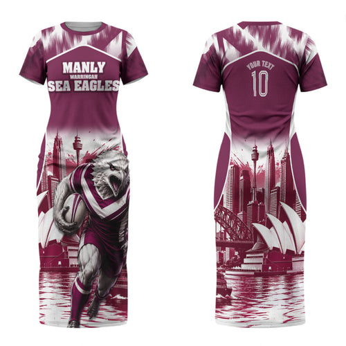 Personalised Sea Eagles Rugby Family Matching Short Sleeve Bodycon Dress and Hawaiian Shirt Eagle Mascot Sydney Skyline 3D Graphic