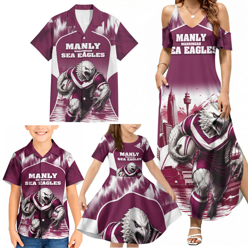 Personalised Sea Eagles Rugby Family Matching Summer Maxi Dress and Hawaiian Shirt Eagle Mascot Sydney Skyline 3D Graphic