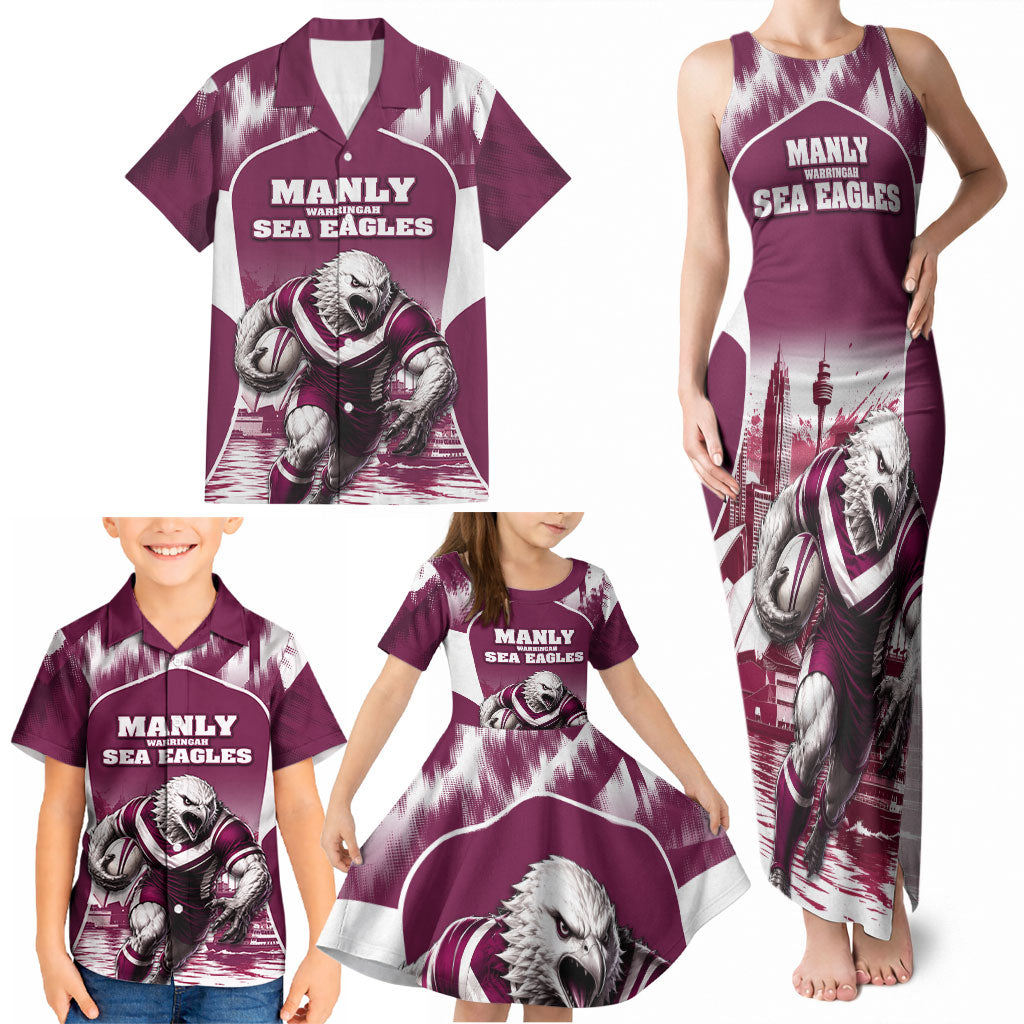 Personalised Sea Eagles Rugby Family Matching Tank Maxi Dress and Hawaiian Shirt Eagle Mascot Sydney Skyline 3D Graphic