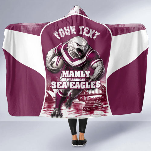 Personalised Sea Eagles Rugby Hooded Blanket Eagle Mascot Sydney Skyline 3D Graphic