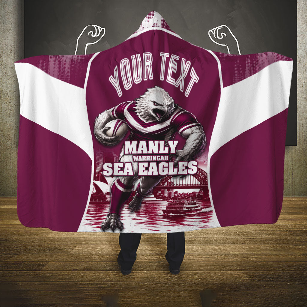 Personalised Sea Eagles Rugby Hooded Blanket Eagle Mascot Sydney Skyline 3D Graphic