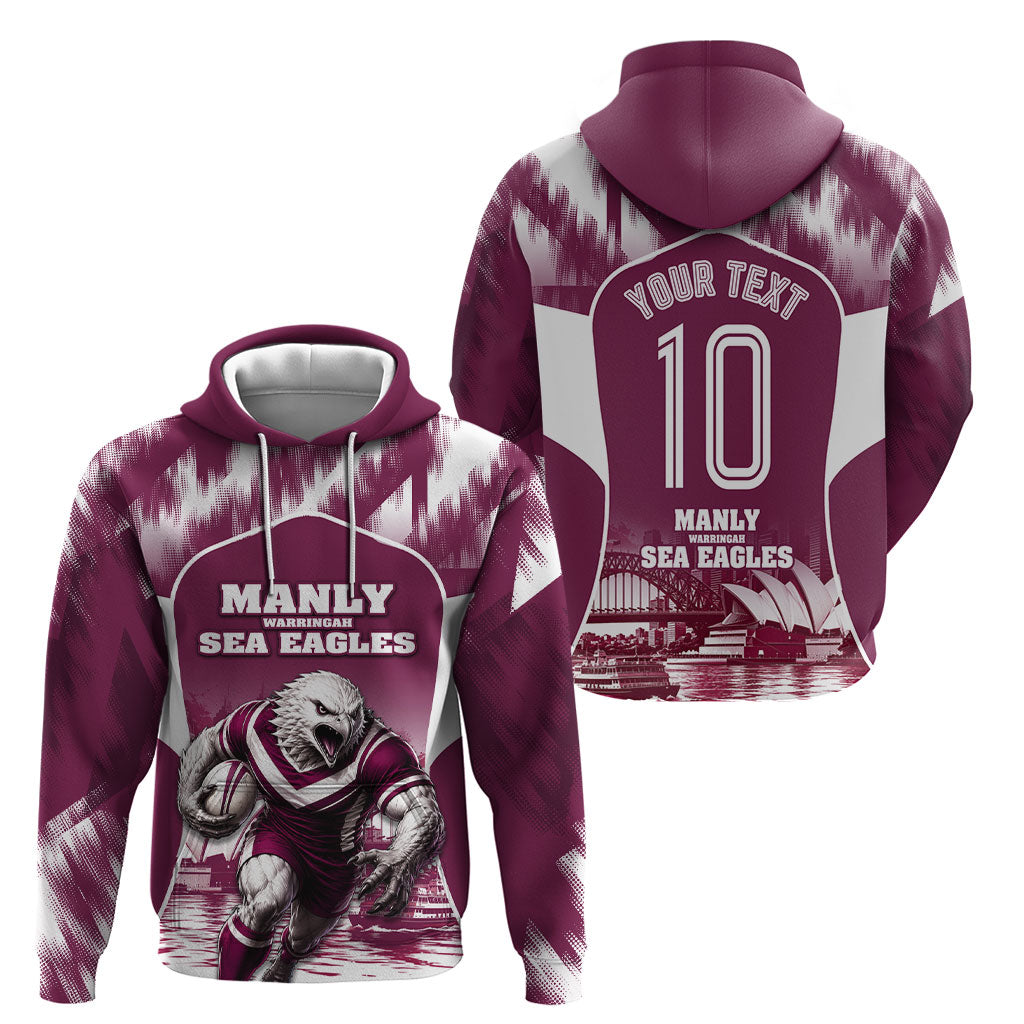 Personalised Sea Eagles Rugby Hoodie Eagle Mascot Sydney Skyline 3D Graphic