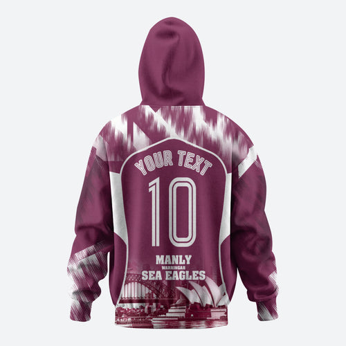 Personalised Sea Eagles Rugby Hoodie Eagle Mascot Sydney Skyline 3D Graphic