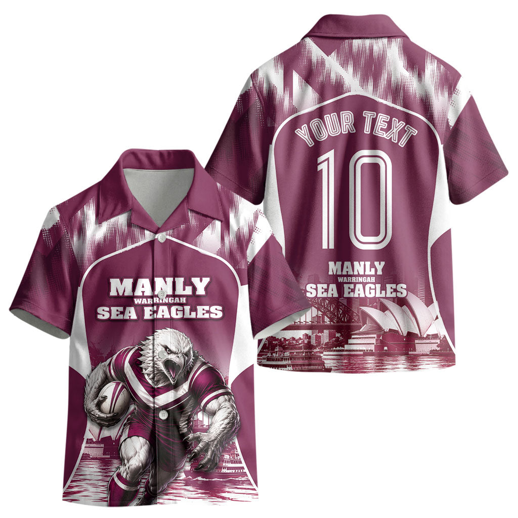 Personalised Sea Eagles Rugby Kid Hawaiian Shirt Eagle Mascot Sydney Skyline 3D Graphic