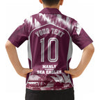 Personalised Sea Eagles Rugby Kid Hawaiian Shirt Eagle Mascot Sydney Skyline 3D Graphic