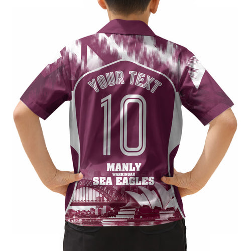 Personalised Sea Eagles Rugby Kid Hawaiian Shirt Eagle Mascot Sydney Skyline 3D Graphic