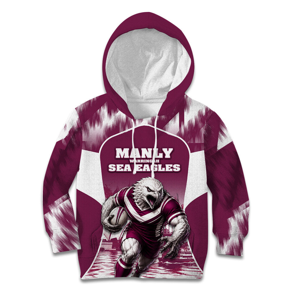 Personalised Sea Eagles Rugby Kid Hoodie Eagle Mascot Sydney Skyline 3D Graphic