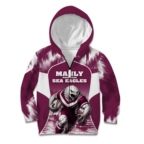 Personalised Sea Eagles Rugby Kid Hoodie Eagle Mascot Sydney Skyline 3D Graphic