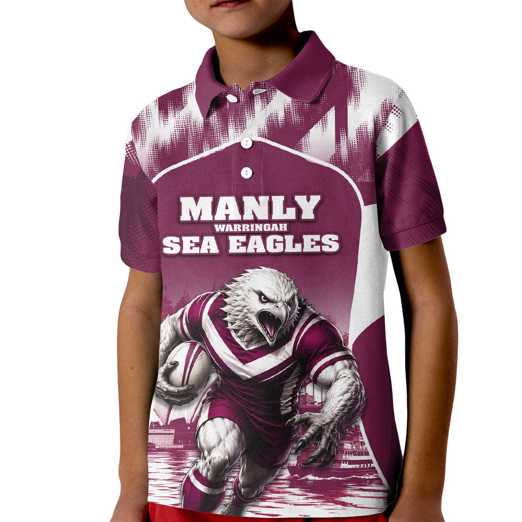 Personalised Sea Eagles Rugby Kid Polo Shirt Eagle Mascot Sydney Skyline 3D Graphic
