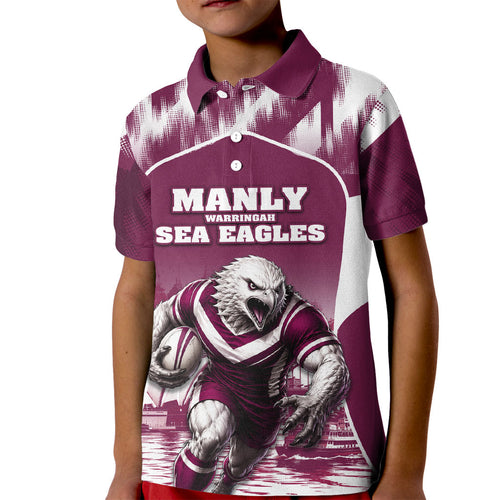 Personalised Sea Eagles Rugby Kid Polo Shirt Eagle Mascot Sydney Skyline 3D Graphic