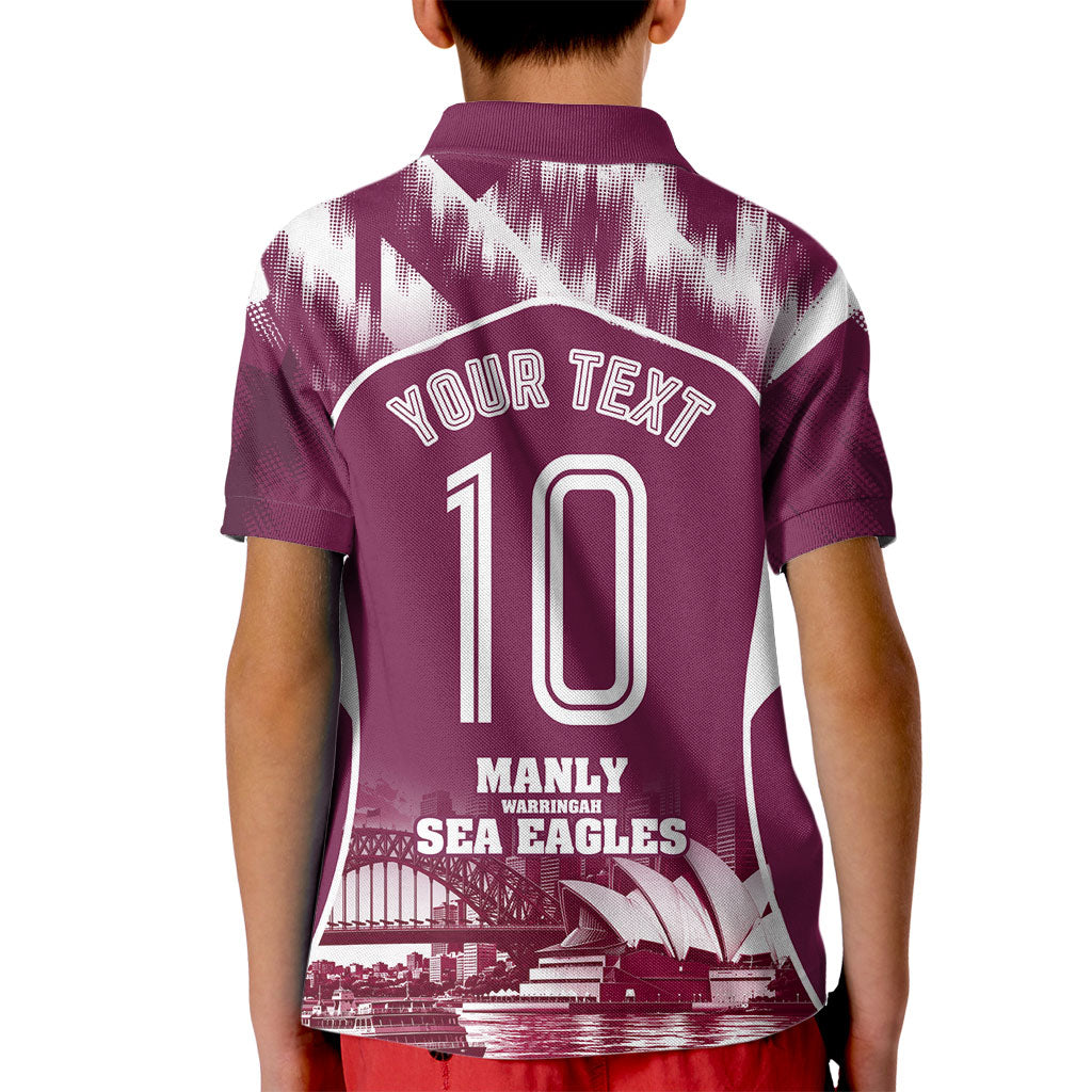 Personalised Sea Eagles Rugby Kid Polo Shirt Eagle Mascot Sydney Skyline 3D Graphic