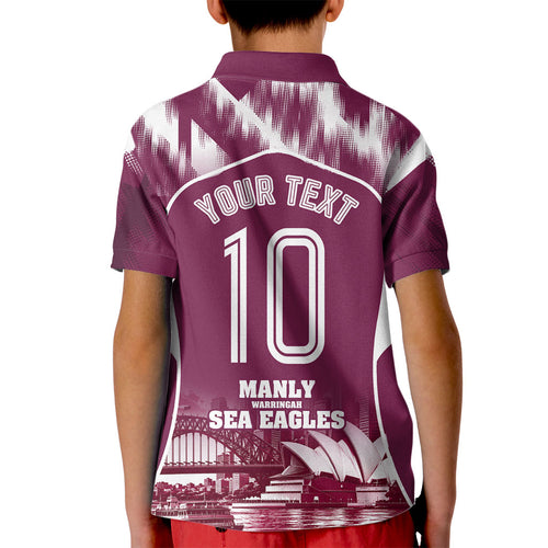 Personalised Sea Eagles Rugby Kid Polo Shirt Eagle Mascot Sydney Skyline 3D Graphic