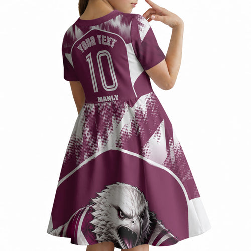 Personalised Sea Eagles Rugby Kid Short Sleeve Dress Eagle Mascot Sydney Skyline 3D Graphic