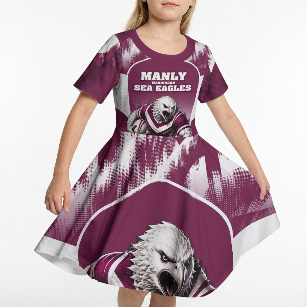 Personalised Sea Eagles Rugby Kid Short Sleeve Dress Eagle Mascot Sydney Skyline 3D Graphic