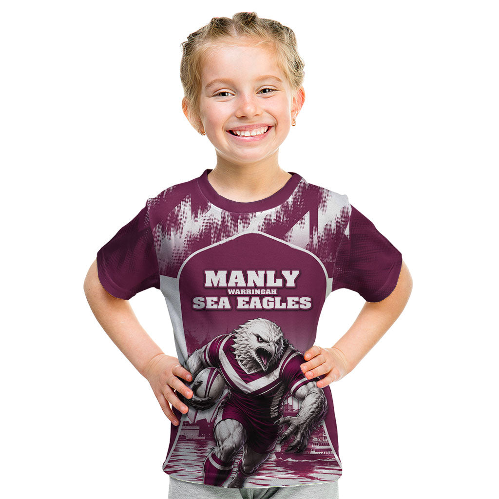 Personalised Sea Eagles Rugby Kid T Shirt Eagle Mascot Sydney Skyline 3D Graphic