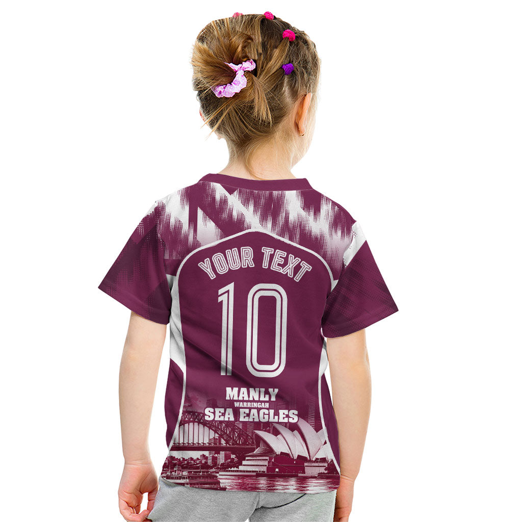 Personalised Sea Eagles Rugby Kid T Shirt Eagle Mascot Sydney Skyline 3D Graphic
