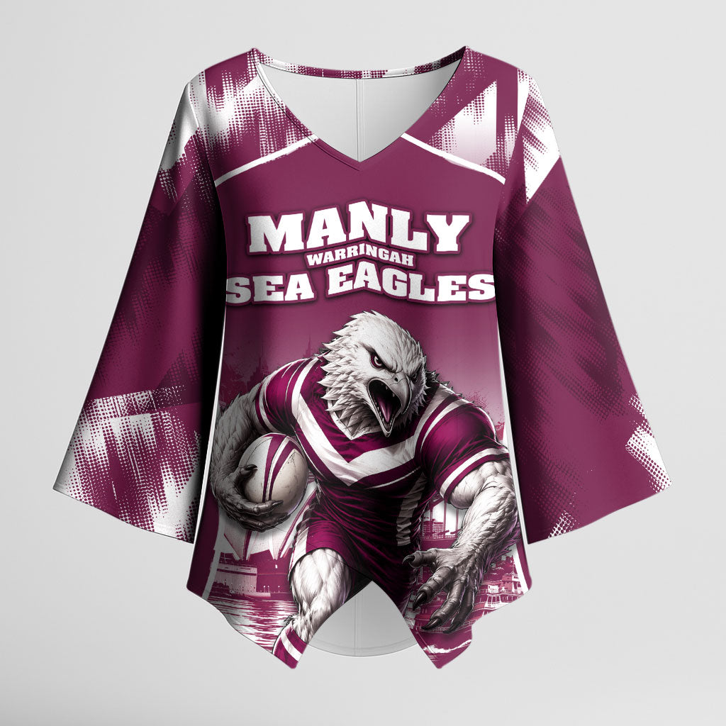 Personalised Sea Eagles Rugby Kimono Sleeve Blouse Eagle Mascot Sydney Skyline 3D Graphic