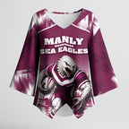 Personalised Sea Eagles Rugby Kimono Sleeve Blouse Eagle Mascot Sydney Skyline 3D Graphic