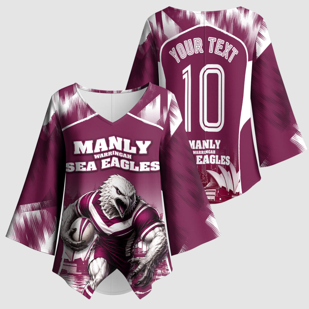 Personalised Sea Eagles Rugby Kimono Sleeve Blouse Eagle Mascot Sydney Skyline 3D Graphic