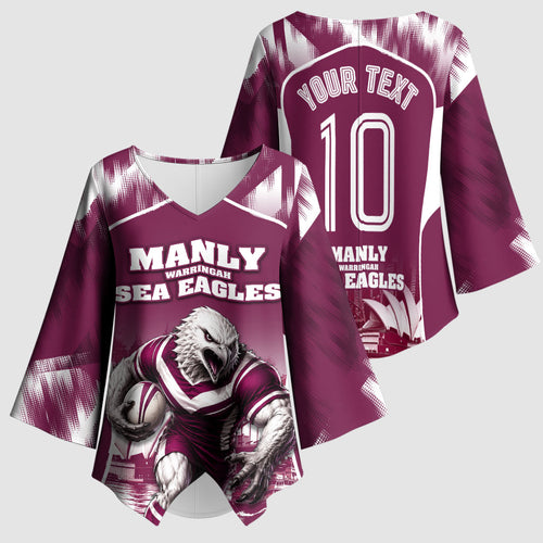 Personalised Sea Eagles Rugby Kimono Sleeve Blouse Eagle Mascot Sydney Skyline 3D Graphic