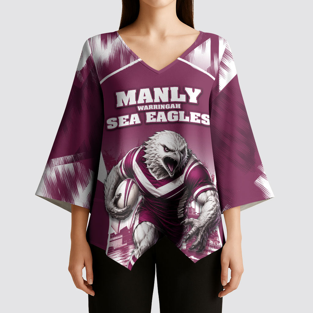 Personalised Sea Eagles Rugby Kimono Sleeve Blouse Eagle Mascot Sydney Skyline 3D Graphic