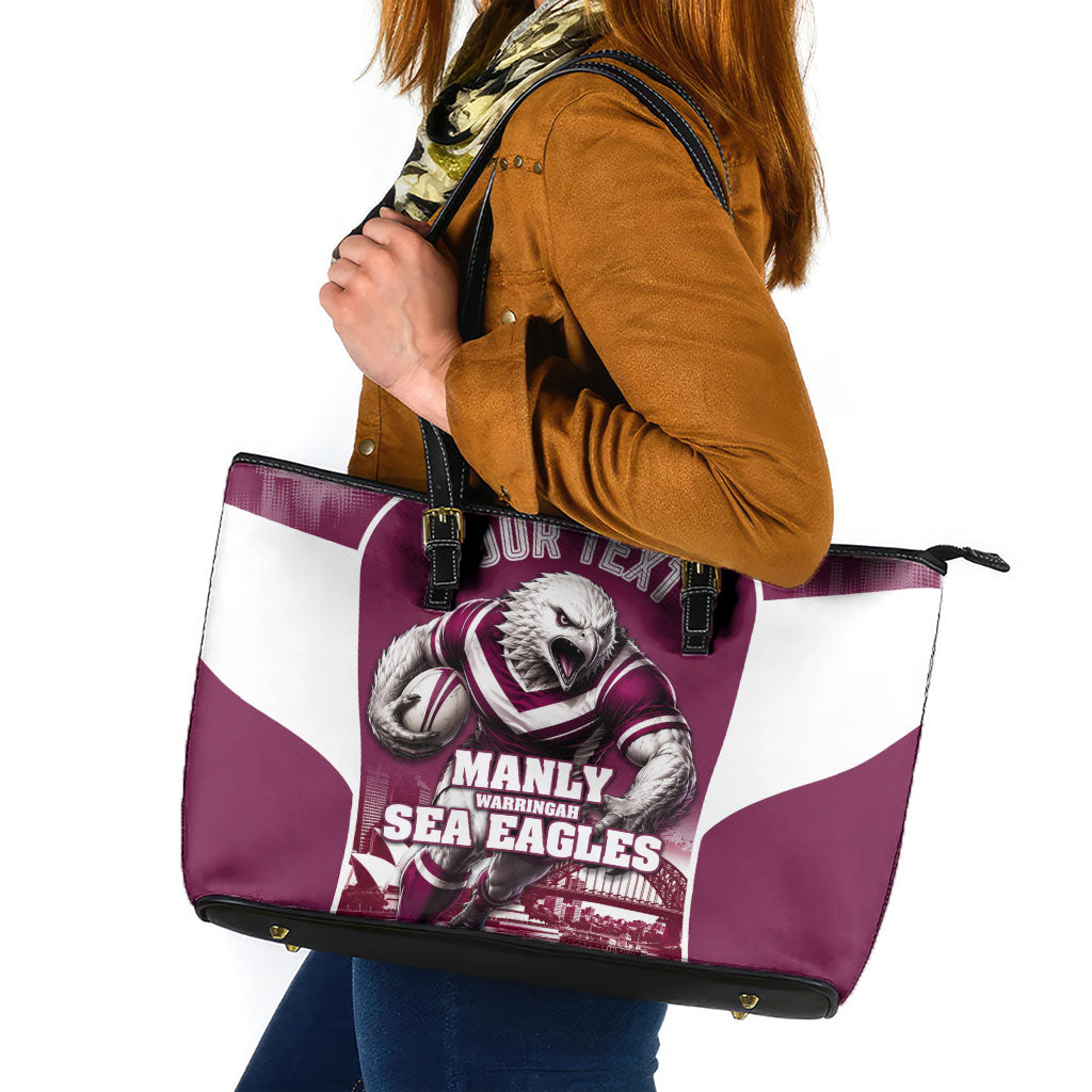 Personalised Sea Eagles Rugby Leather Tote Bag Eagle Mascot Sydney Skyline 3D Graphic