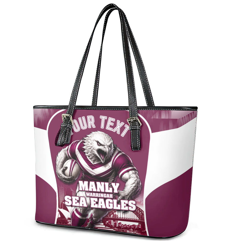 Personalised Sea Eagles Rugby Leather Tote Bag Eagle Mascot Sydney Skyline 3D Graphic