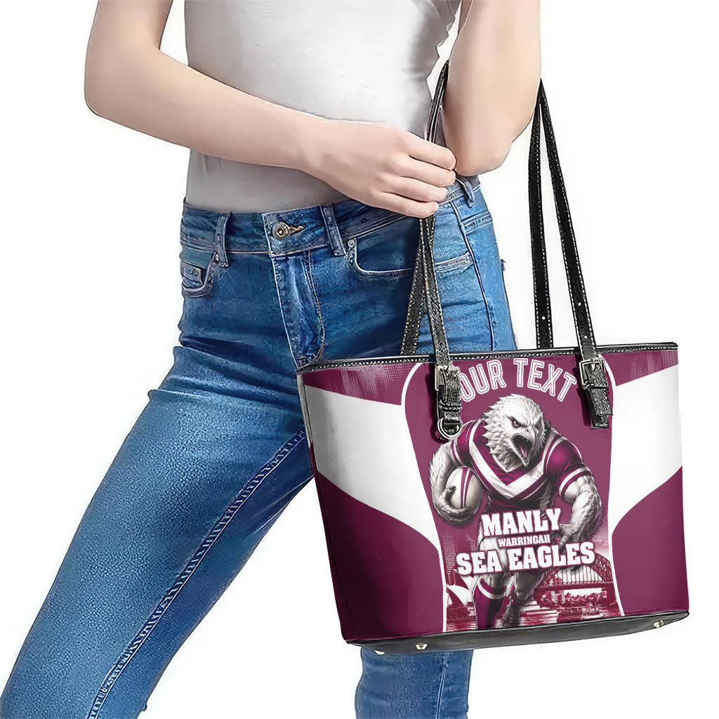 Personalised Sea Eagles Rugby Leather Tote Bag Eagle Mascot Sydney Skyline 3D Graphic