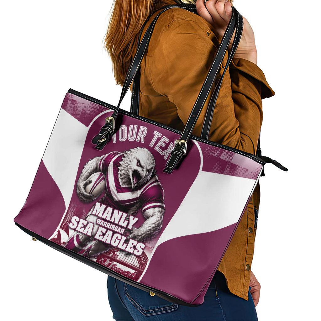 Personalised Sea Eagles Rugby Leather Tote Bag Eagle Mascot Sydney Skyline 3D Graphic