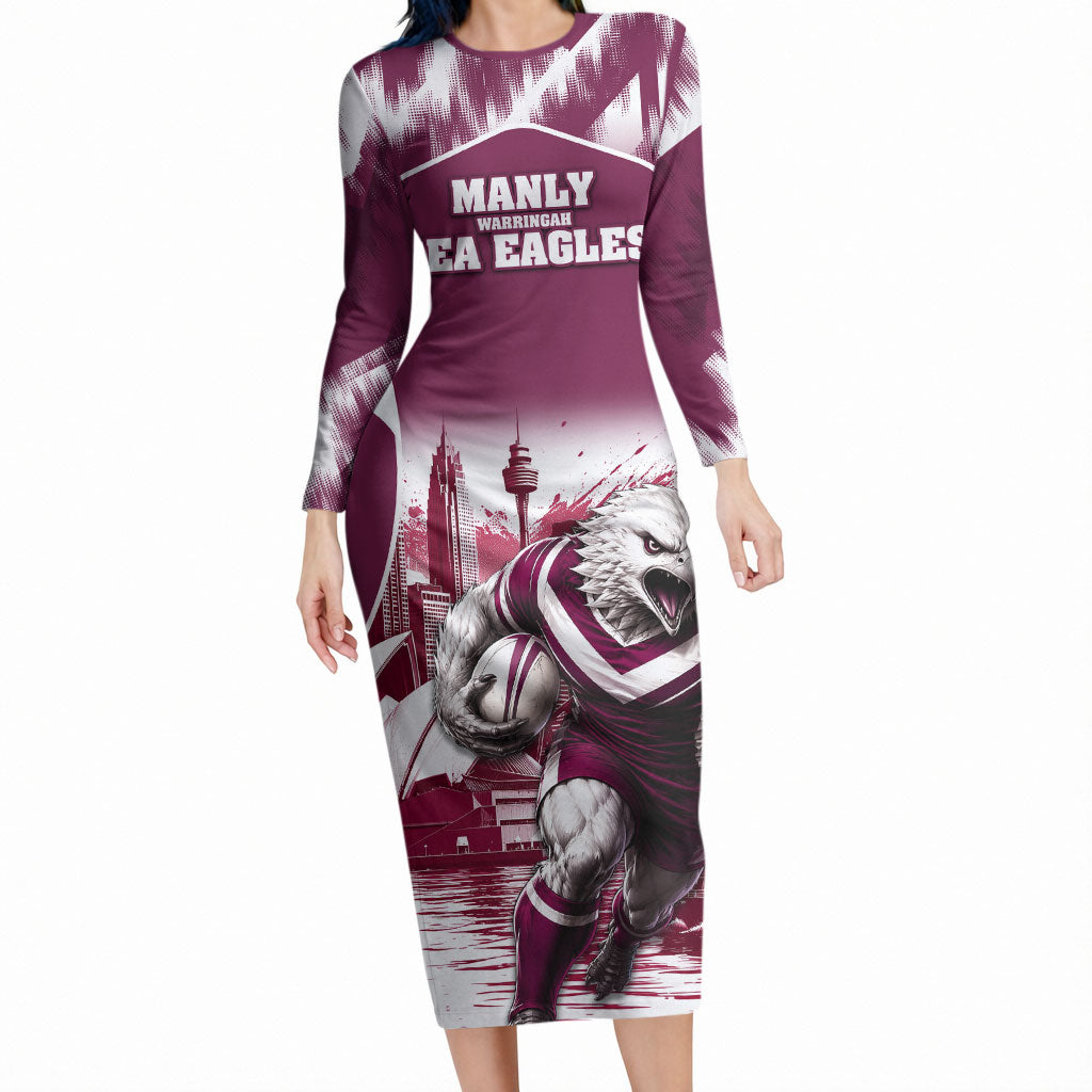 Personalised Sea Eagles Rugby Long Sleeve Bodycon Dress Eagle Mascot Sydney Skyline 3D Graphic