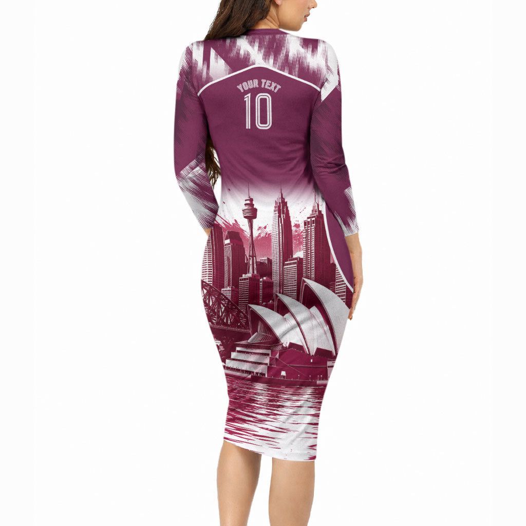 Personalised Sea Eagles Rugby Long Sleeve Bodycon Dress Eagle Mascot Sydney Skyline 3D Graphic