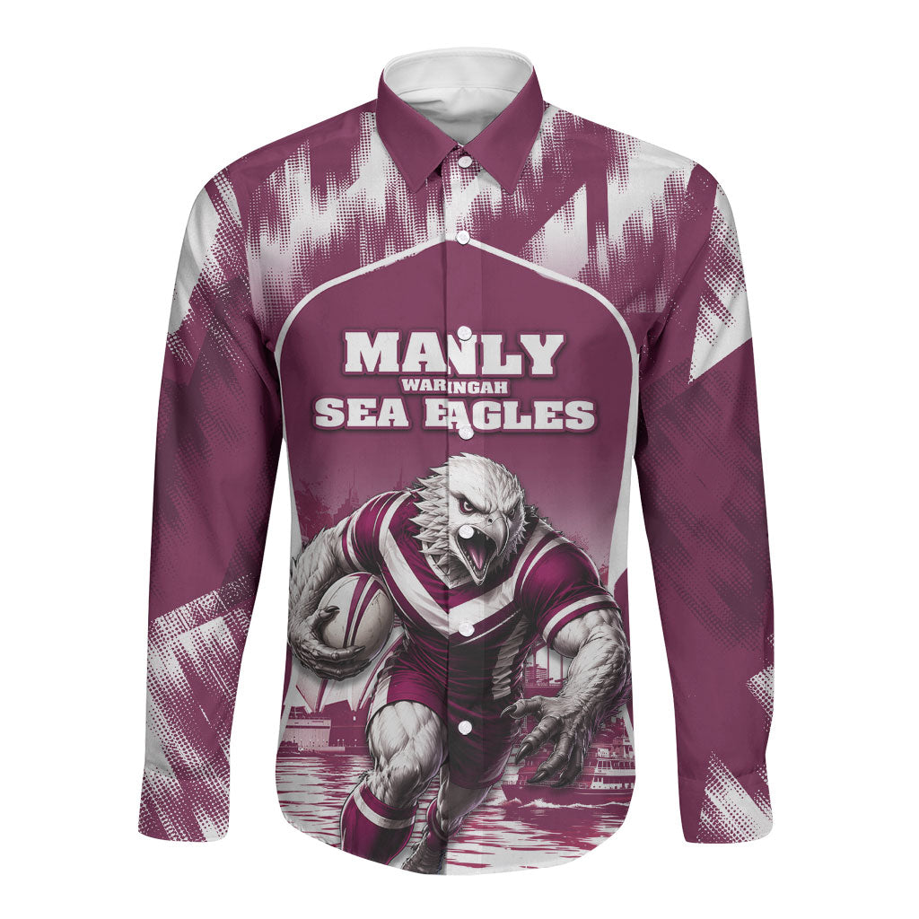 Personalised Sea Eagles Rugby Long Sleeve Button Shirt Eagle Mascot Sydney Skyline 3D Graphic