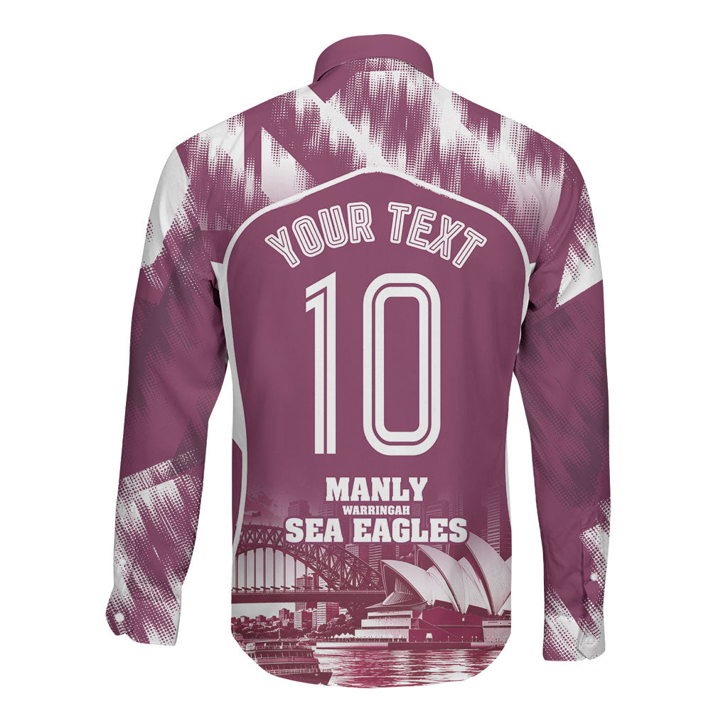 Personalised Sea Eagles Rugby Long Sleeve Button Shirt Eagle Mascot Sydney Skyline 3D Graphic