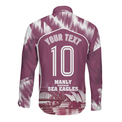 Personalised Sea Eagles Rugby Long Sleeve Button Shirt Eagle Mascot Sydney Skyline 3D Graphic