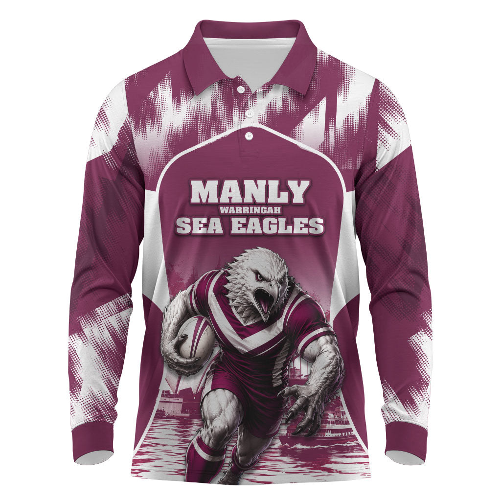 Personalised Sea Eagles Rugby Long Sleeve Polo Shirt Eagle Mascot Sydney Skyline 3D Graphic